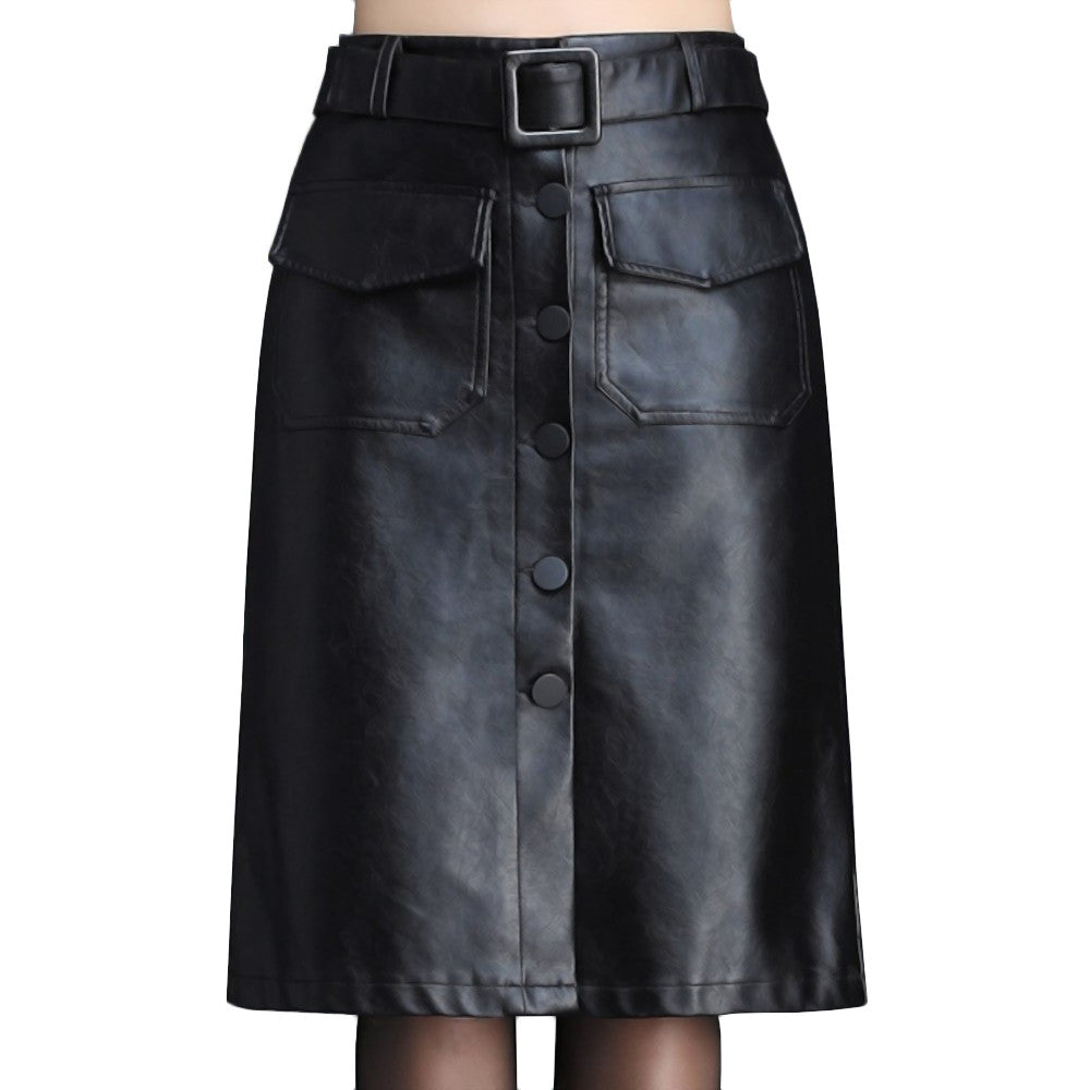 Button Down PVC Leather Skirt