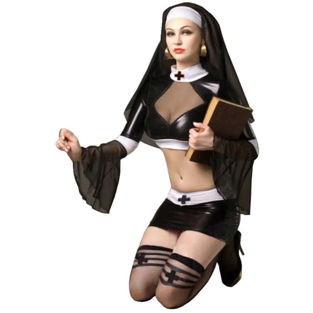 Slutty Faux Leather Nun Costume