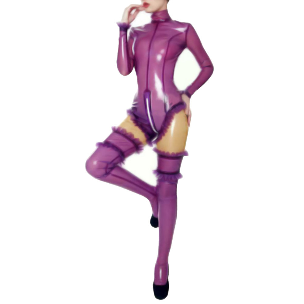 Frilly and Fabulous Purple Latex Suit with Stockings